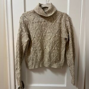 Pearl Beaded Beige Turtleneck Sweater